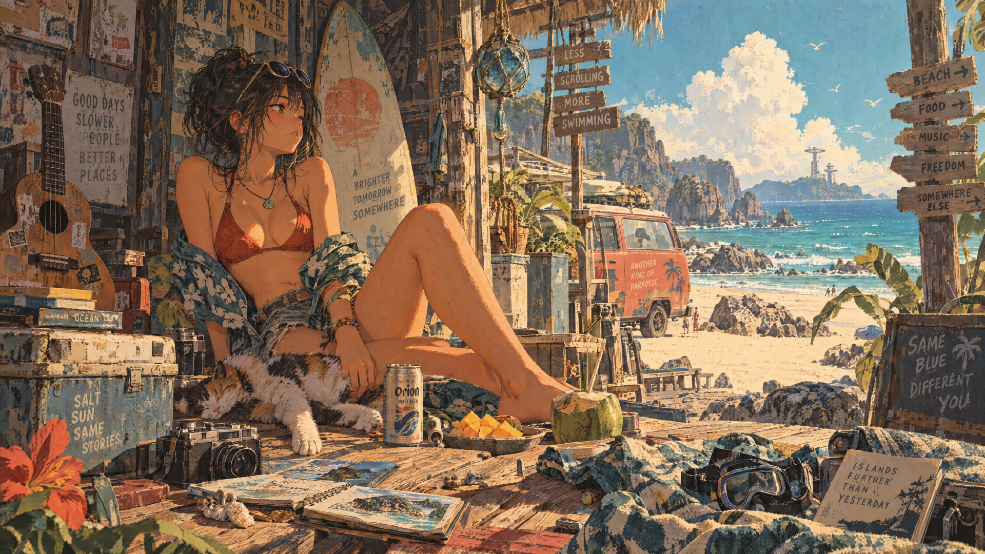 Illustrated woman relaxing in a beachside shack overlooking the ocean, 4K Ultra HD PC desktop wallpaper and background.