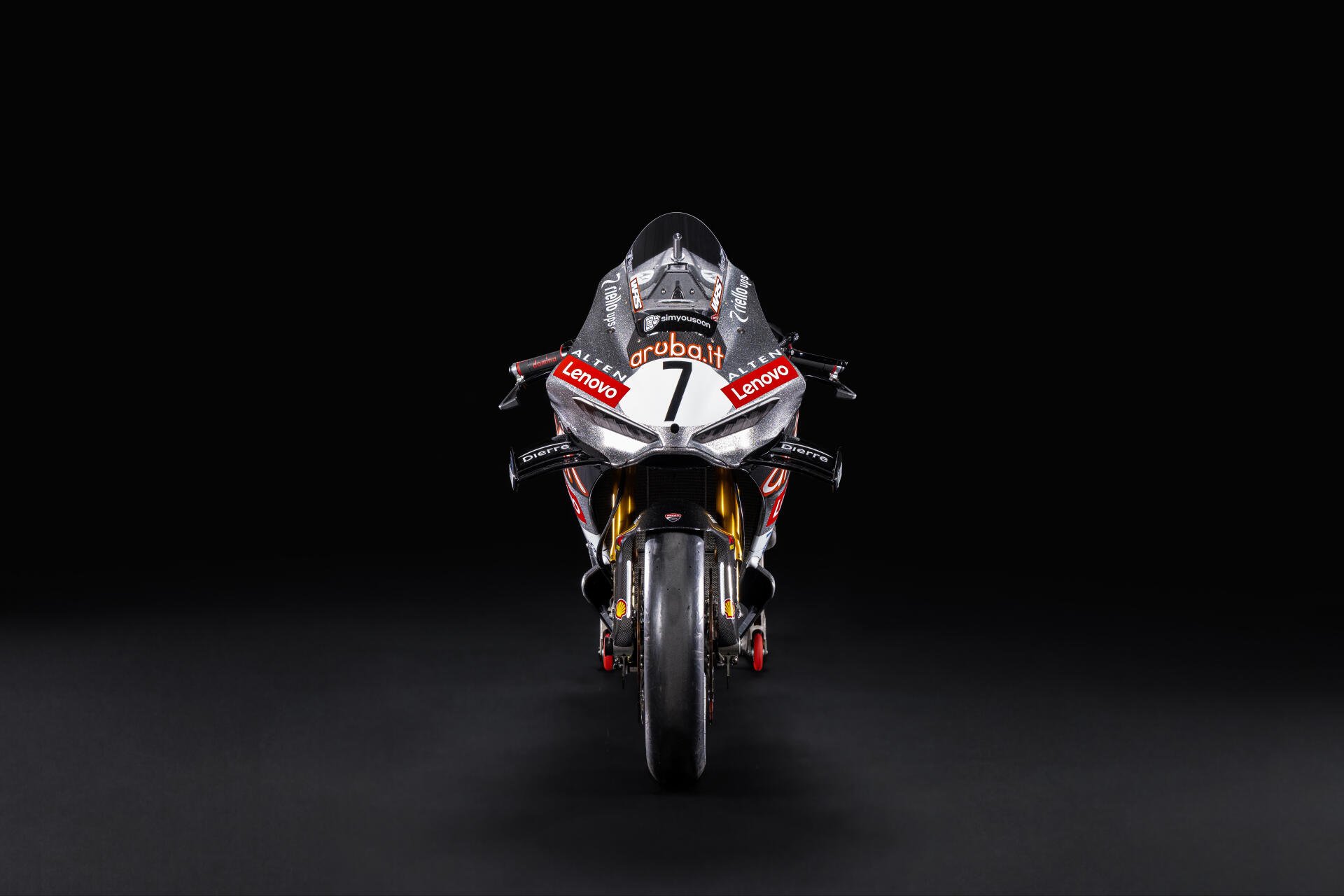 Front view of a Ducati Panigale V4 R racing motorcycle against a black background, 8K Ultra HD desktop wallpaper.