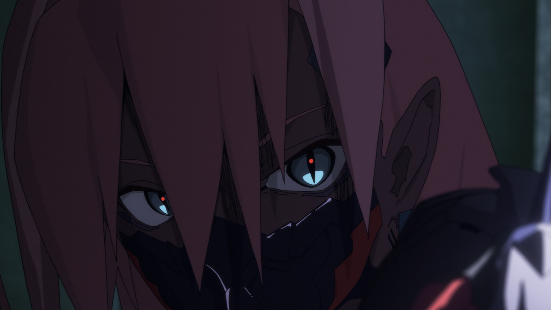 HD anime desktop wallpaper of Talia Yang from Cyberpunk: Edgerunners 2, featuring a dark cyberpunk close-up with glowing eyes.