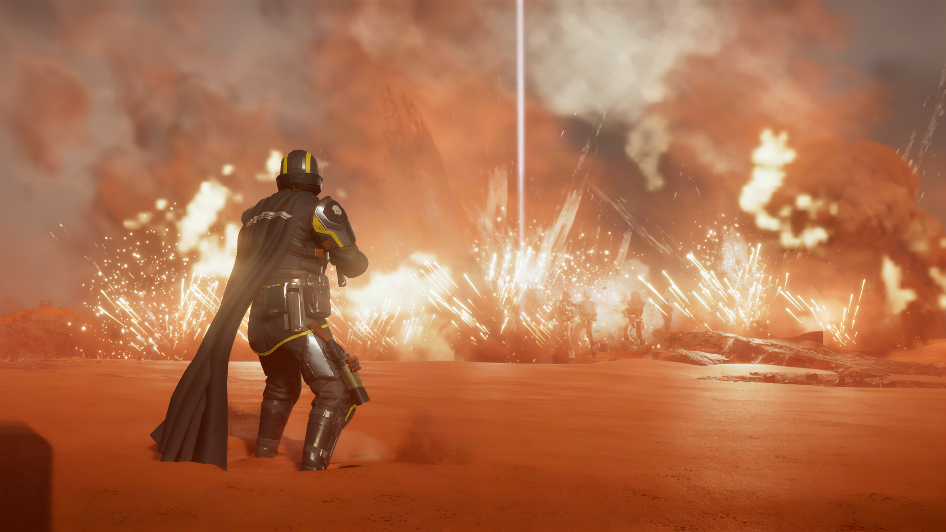 Helldivers 2 soldier faces a fiery battlefield explosion in this 4K Ultra HD PC desktop wallpaper.