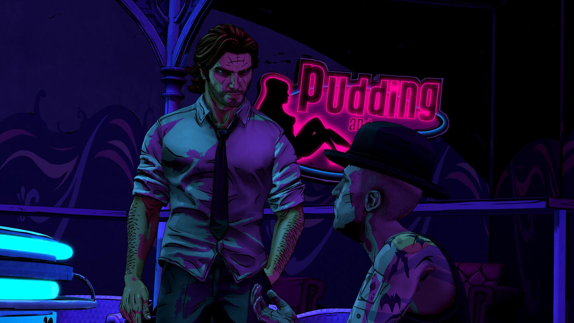 Bigby Wolf and a woman in a neon-lit comic scene from The Wolf Among Us Remastered, HD PC desktop wallpaper.