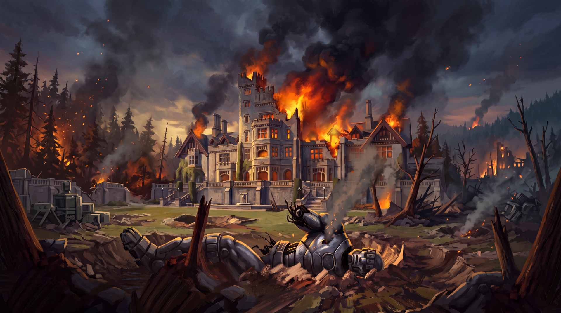 Avengers: Doomsday war scene with a burning city and battlefield, 5K Ultra HD PC desktop wallpaper and background.