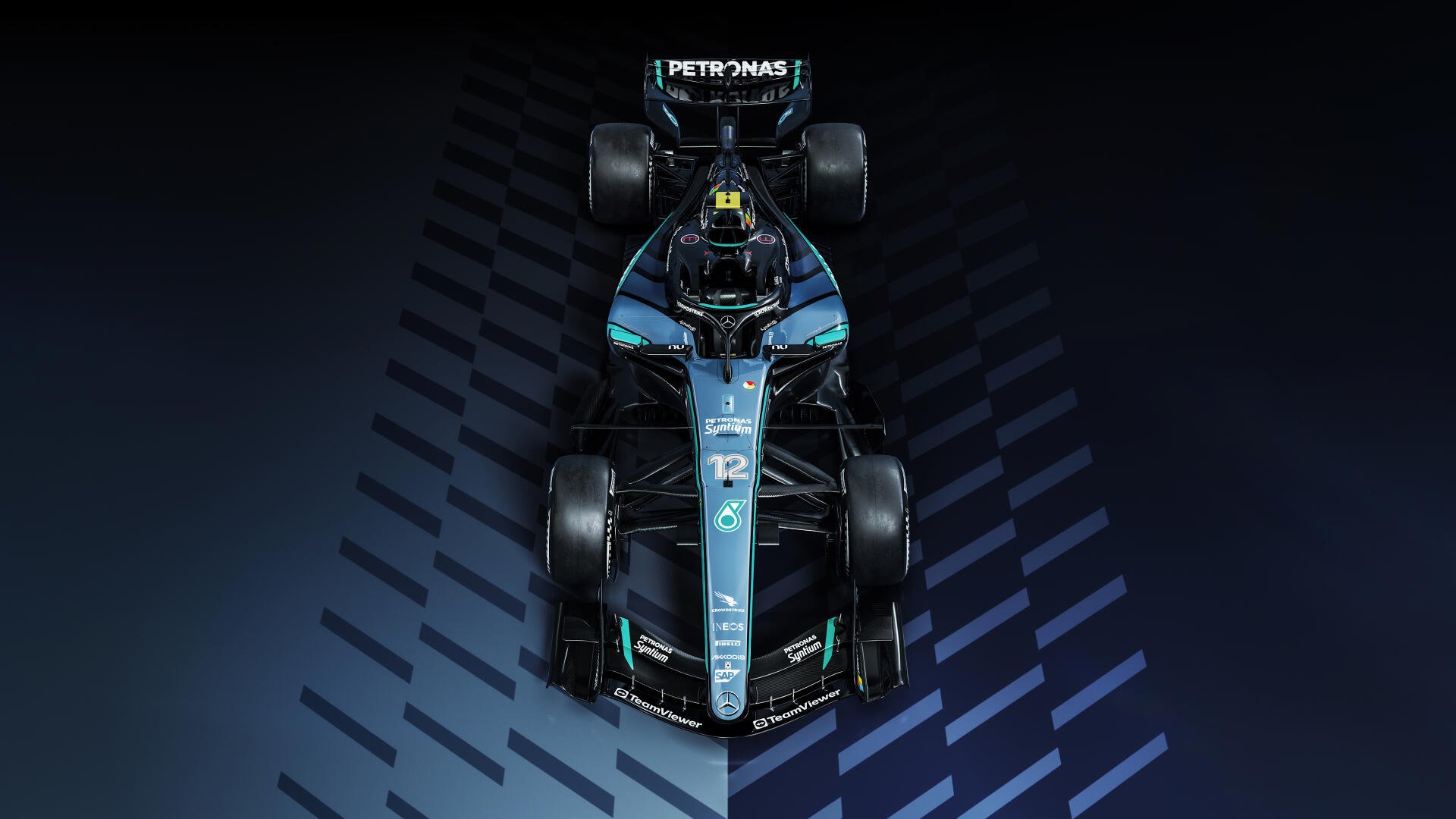 Top-down 4K Ultra HD desktop wallpaper of the Mercedes-AMG F1 W17 race car, featuring the Mercedes-AMG Petronas F1 Team livery.