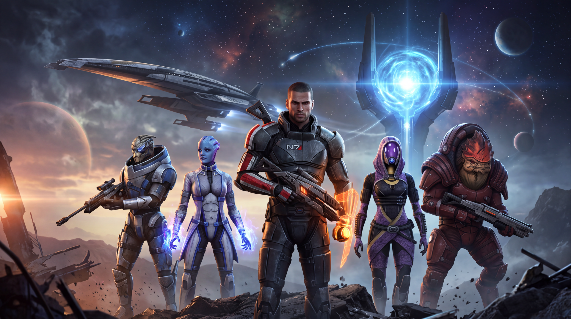 Mass Effect sci-fi soldiers and alien companions beneath a glowing blue energy field, 5K Ultra HD PC desktop wallpaper and background.
