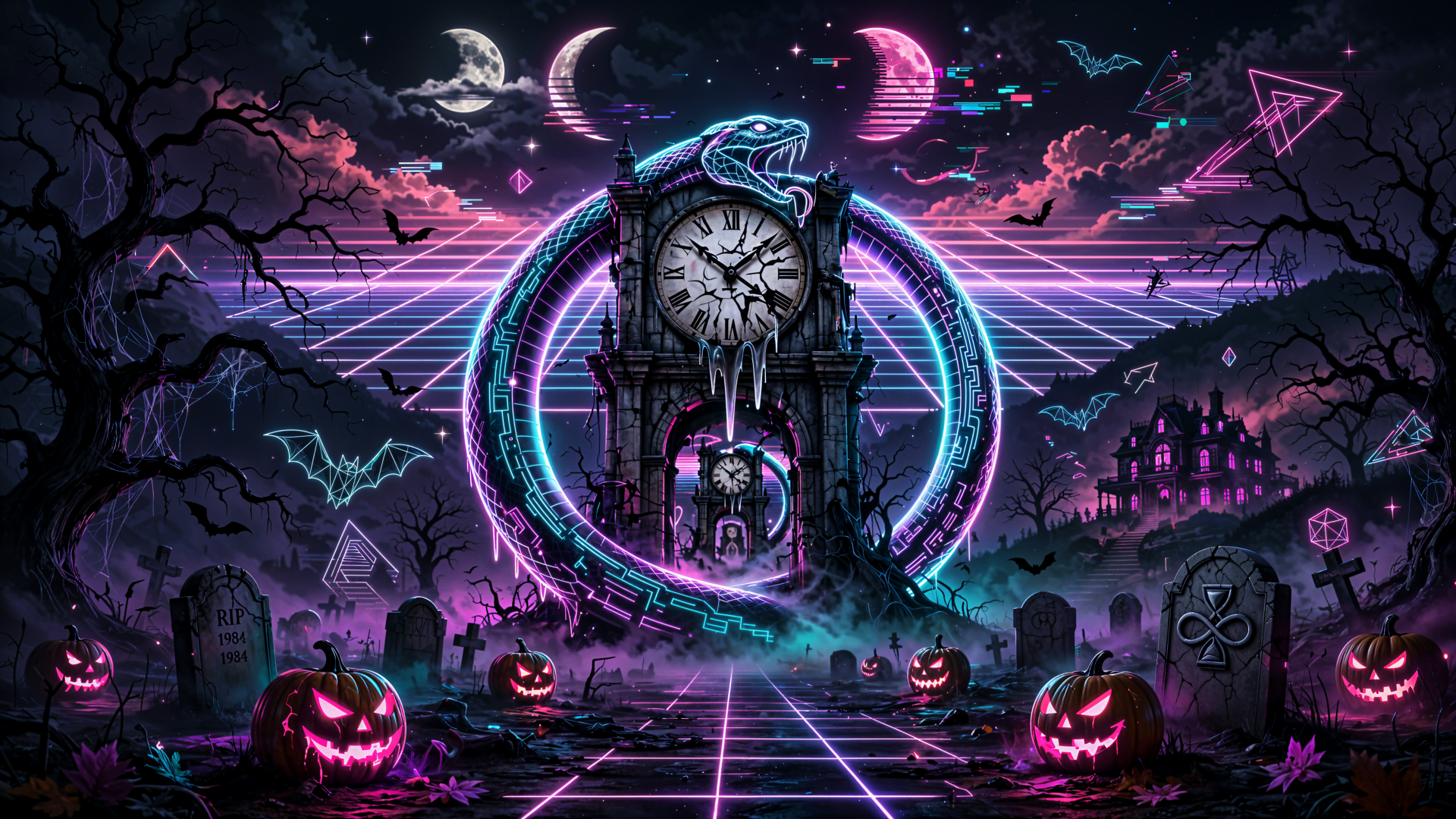 Dark Halloween 4K Ultra HD PC desktop wallpaper featuring a haunted clock, neon moon, glowing pumpkins, and eerie graveyard.