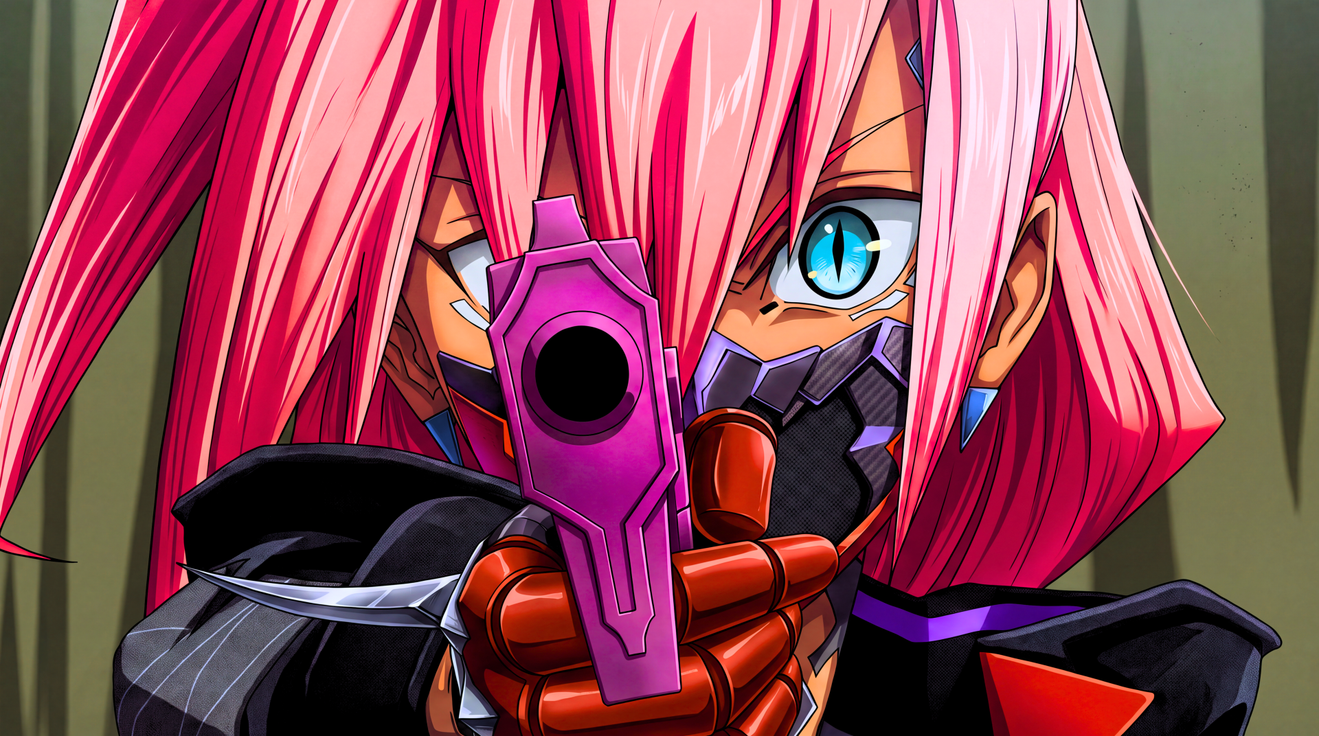 Talia Yang from Cyberpunk: Edgerunners 2 aims a purple gun in this pink-haired anime portrait, featured as a 5K Ultra HD desktop wallpaper.