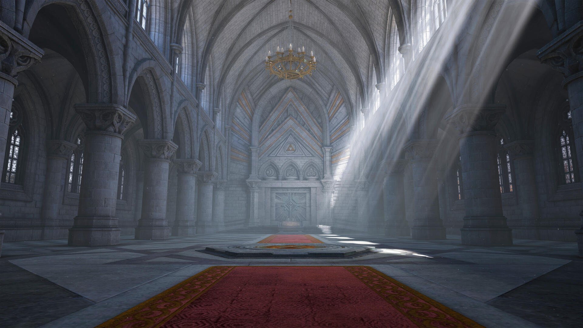 A sunlit cathedral hall with a red carpet, from The Legend of Zelda: Ocarina of Time (2026), in 4K Ultra HD PC desktop wallpaper and background.
