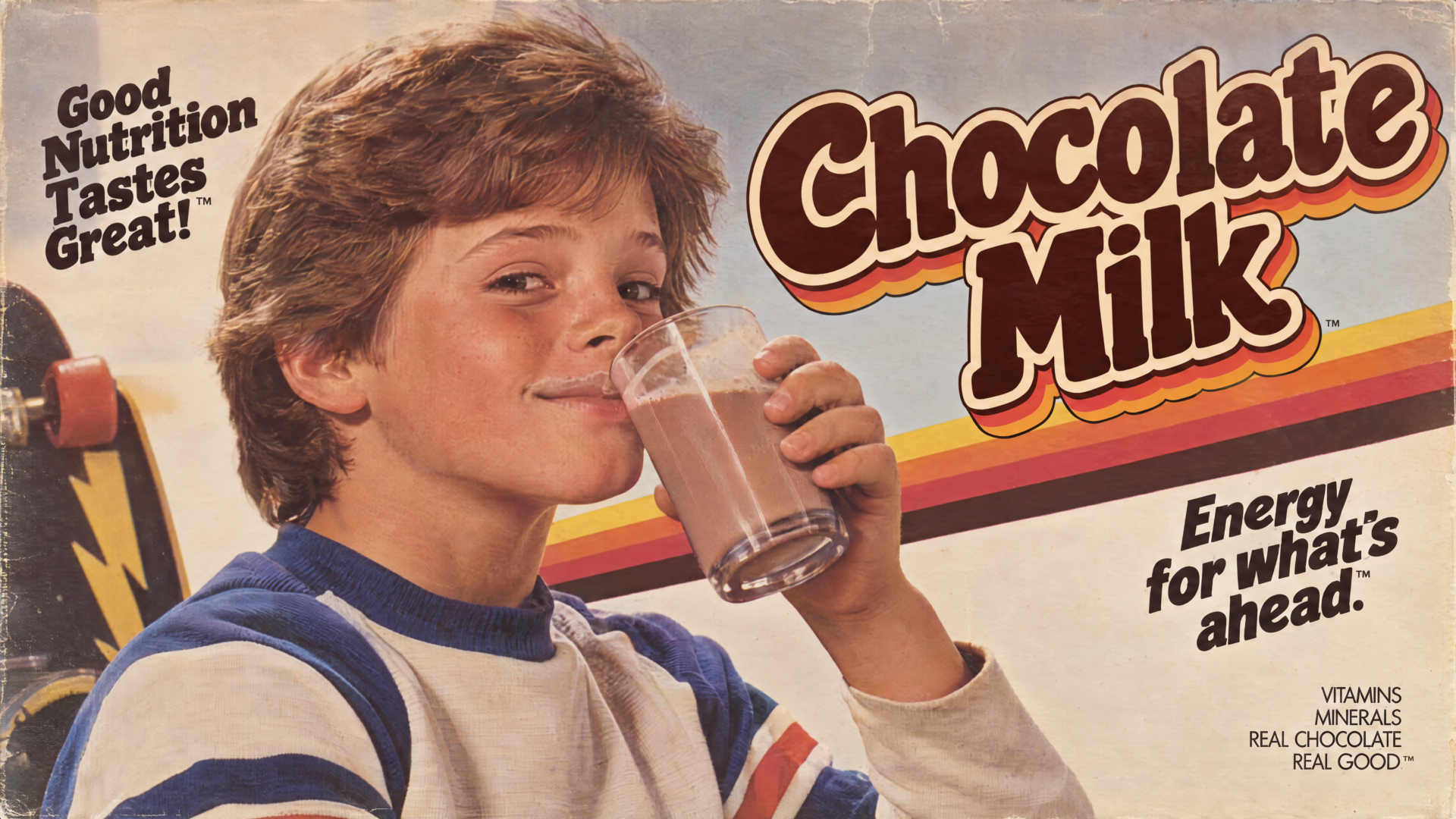 Vintage chocolate milk advertisement featuring a boy drinking milk, presented as a 4K Ultra HD PC desktop wallpaper and background.