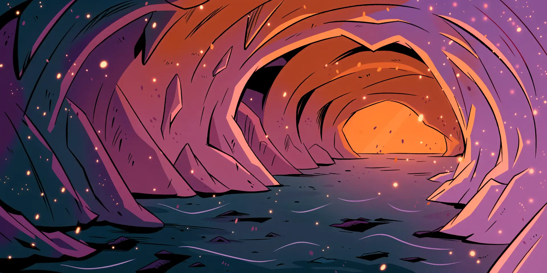 Colorful illustrated underground river winding through a glowing cave tunnel, 4K Ultra HD desktop wallpaper.