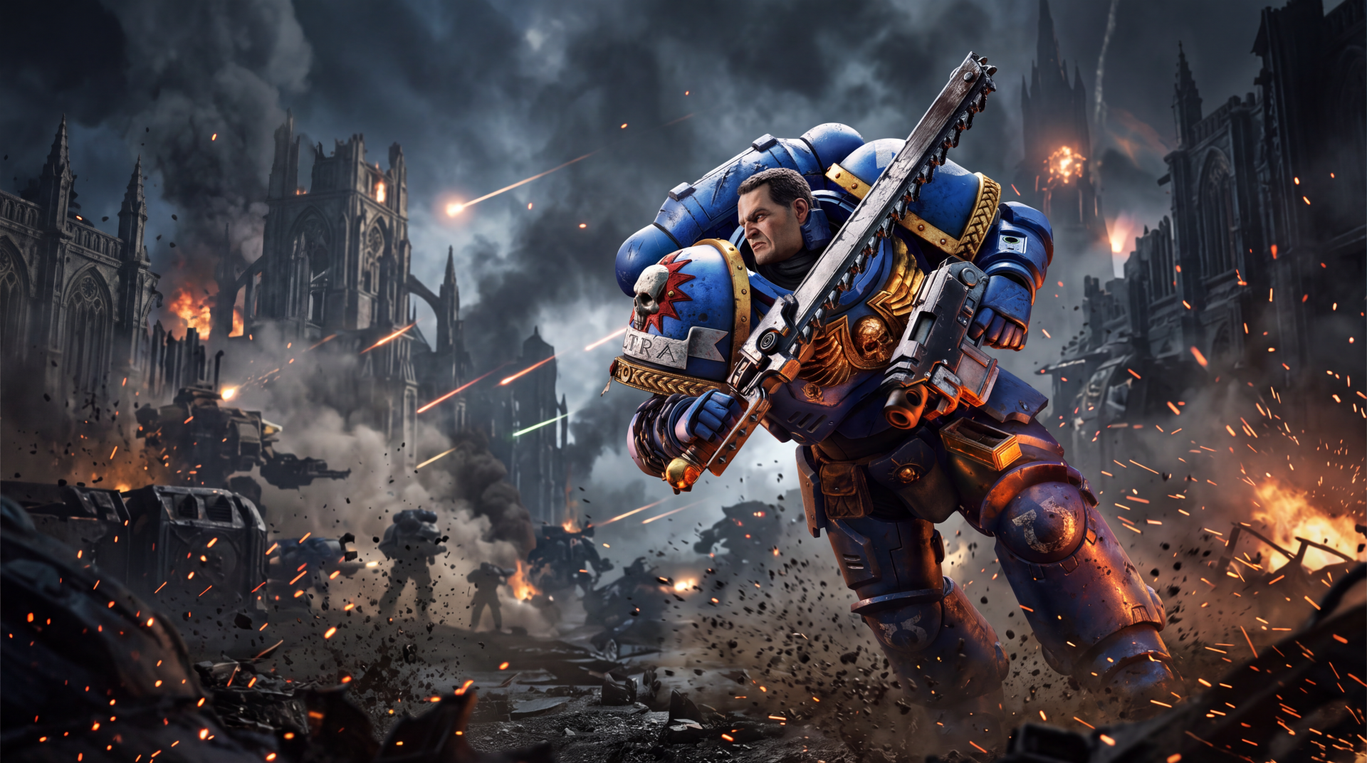 Warhammer 40,000: Space Marine 2 soldier charging through a war-torn sci-fi battlefield, 5K Ultra HD PC desktop wallpaper.