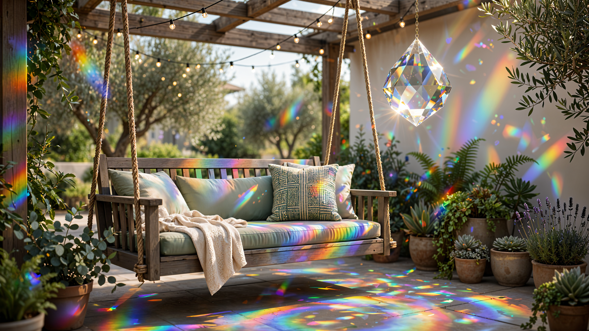 Colorful porch swing on a sunlit garden patio with rainbow prism reflections, 4K Ultra HD PC desktop wallpaper and background.