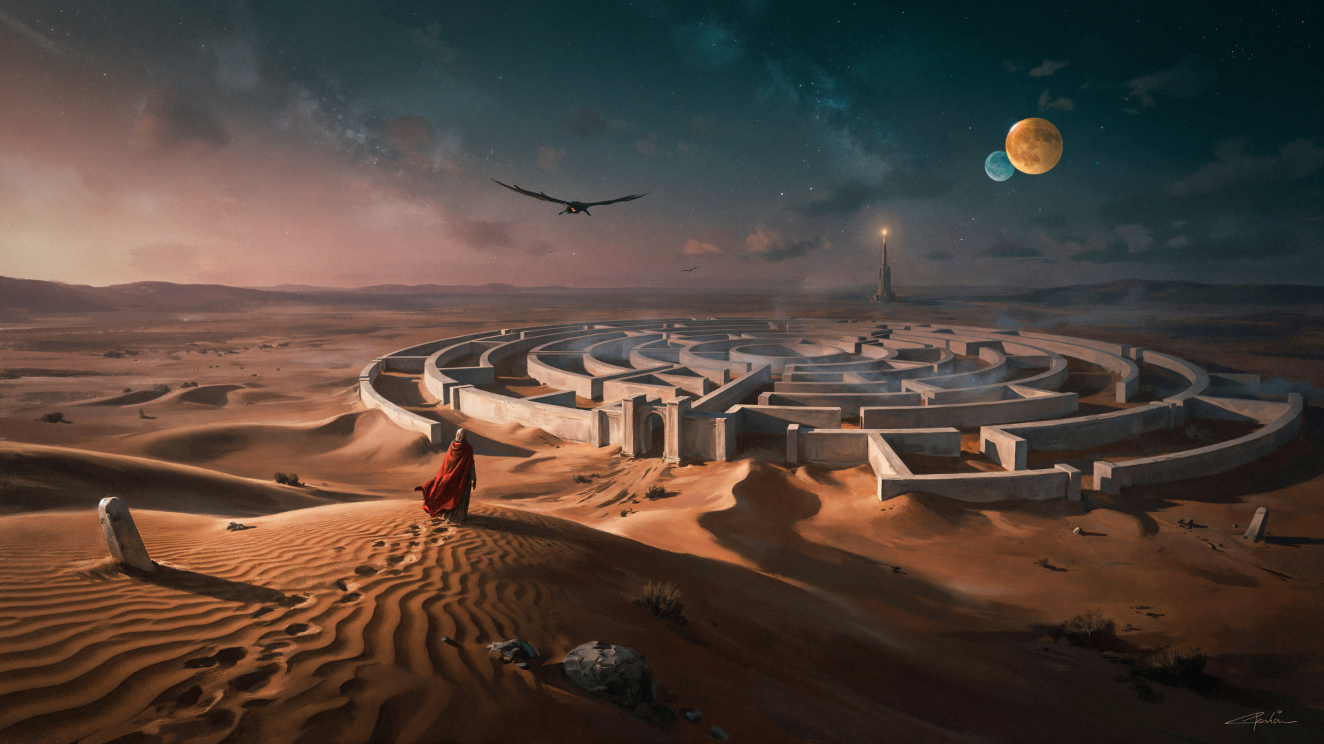 Futuristic labyrinth city rises from a vast desert beneath twin moons, a science fiction architecture scene in 4K Ultra HD PC desktop wallpaper.