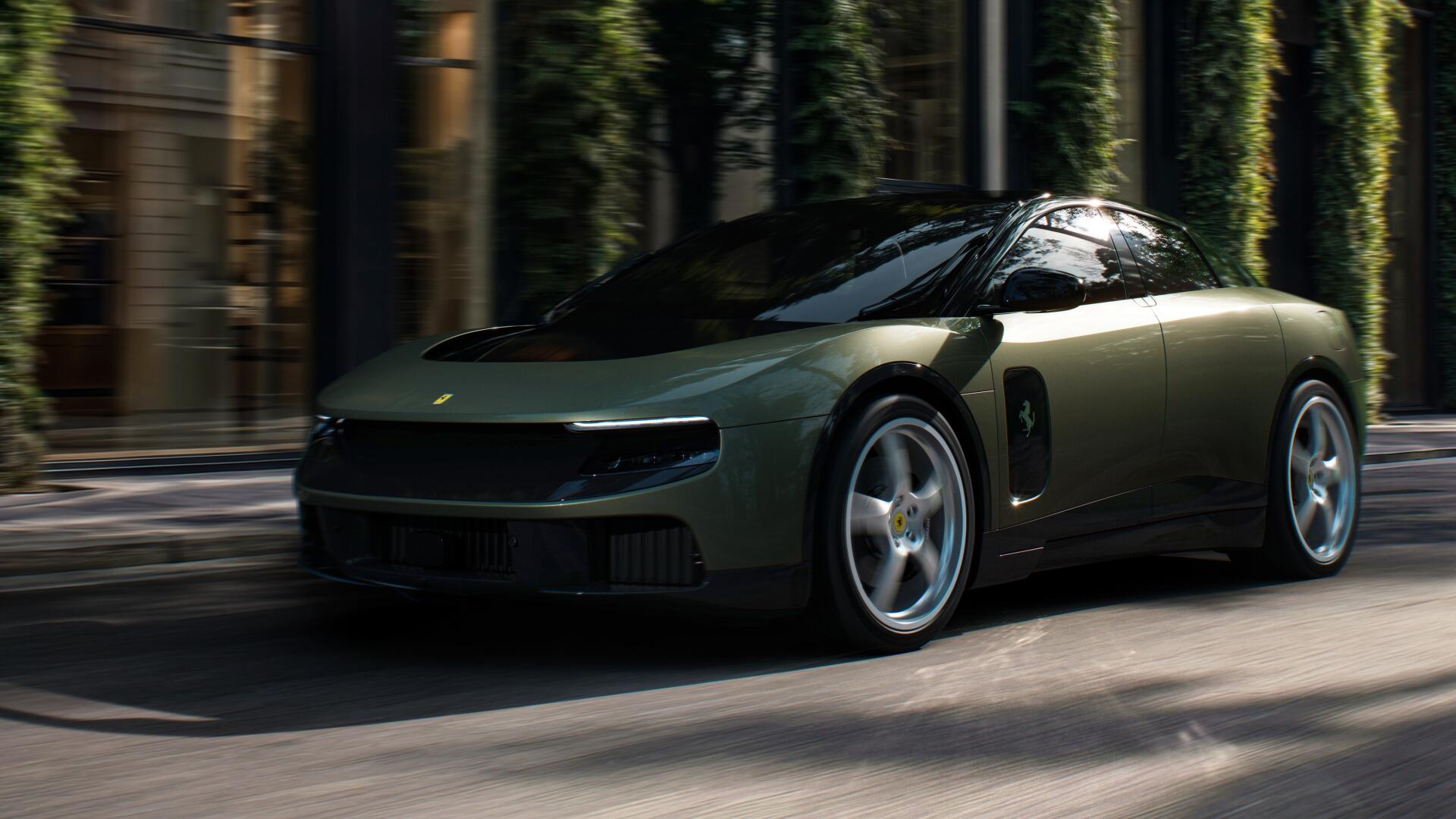 Dark green Ferrari Luce luxury sports car driving past a city park, featured in a 4K Ultra HD PC desktop wallpaper and background.