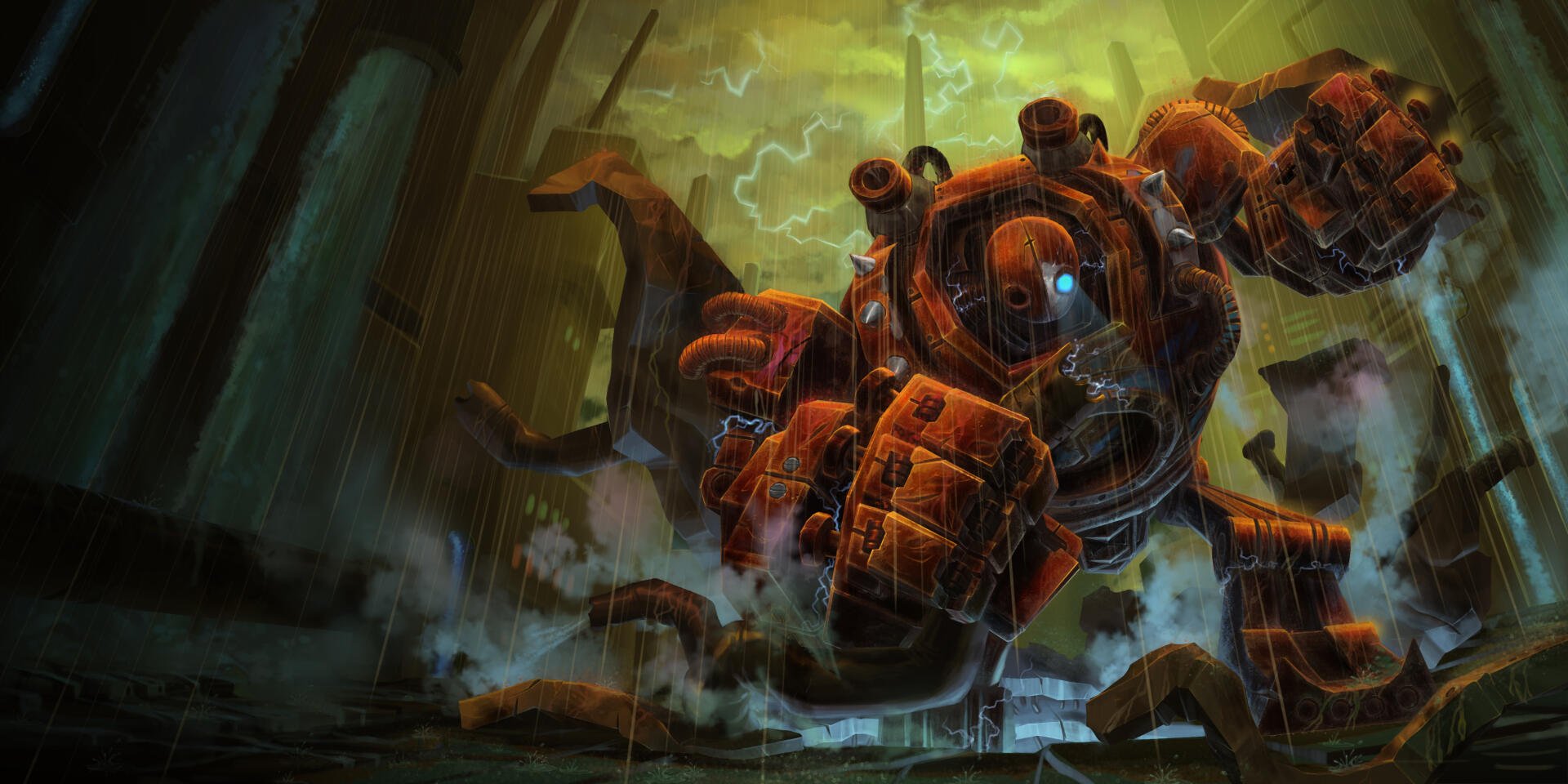 Blitzcrank mech from League of Legends strides through a stormy landscape in this 2K Quad HD PC desktop wallpaper.