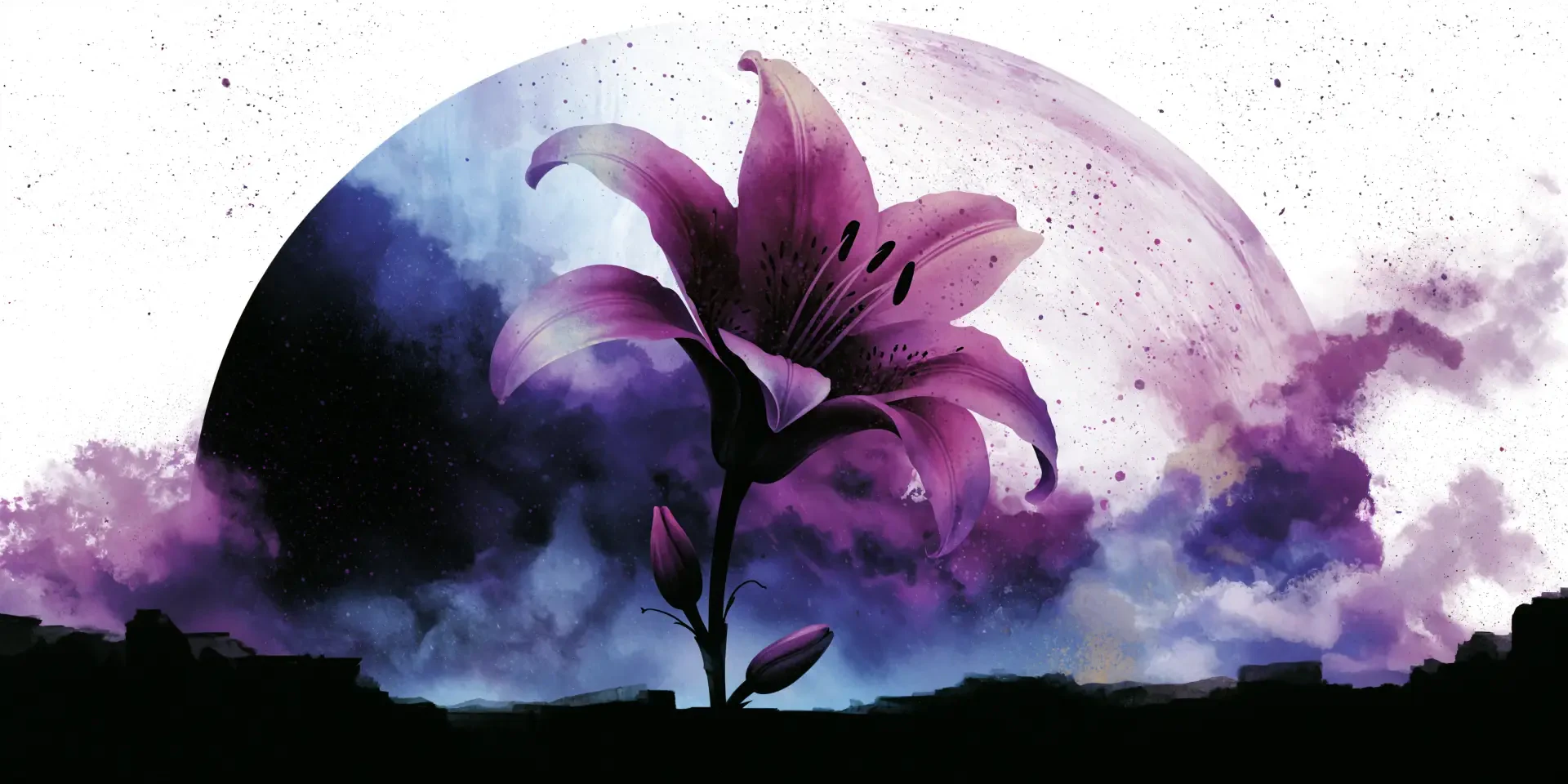 Purple lily against a dramatic watercolor moonlit sky, 4K Ultra HD PC desktop wallpaper and background.