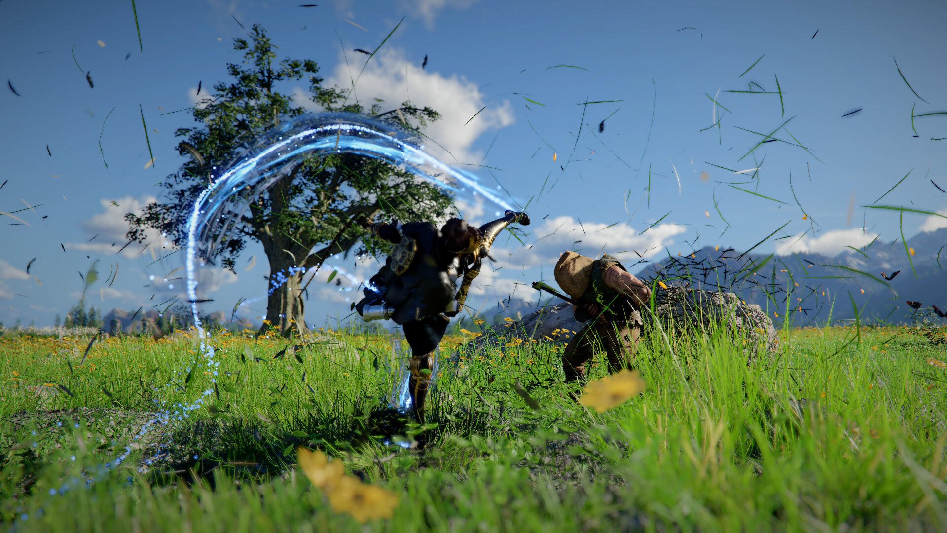 Kliff battles an armored warrior in a grassy field in Crimson Desert, a 4K Ultra HD PC desktop wallpaper.