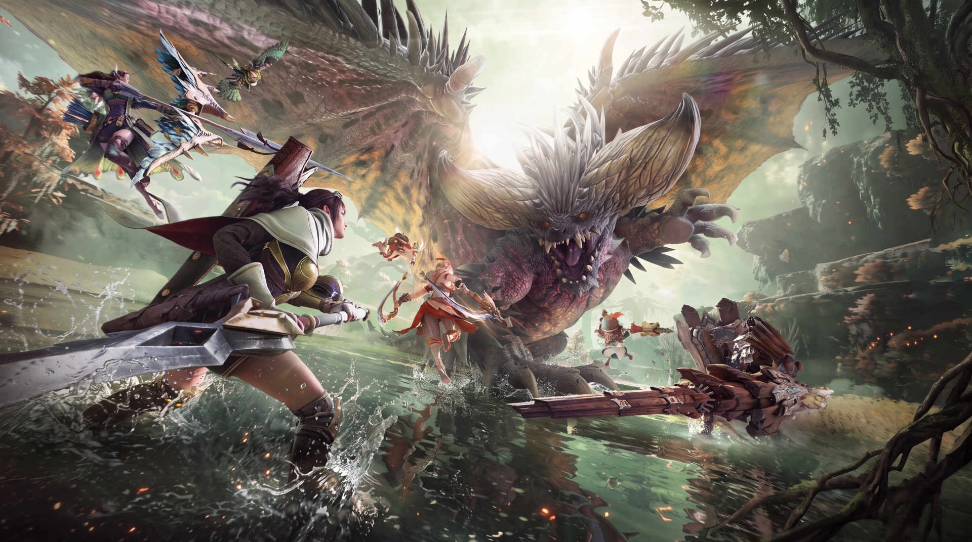 Nergigante battles armed hunters in Monster Hunter Outlanders, a dramatic 5K Ultra HD PC desktop wallpaper.