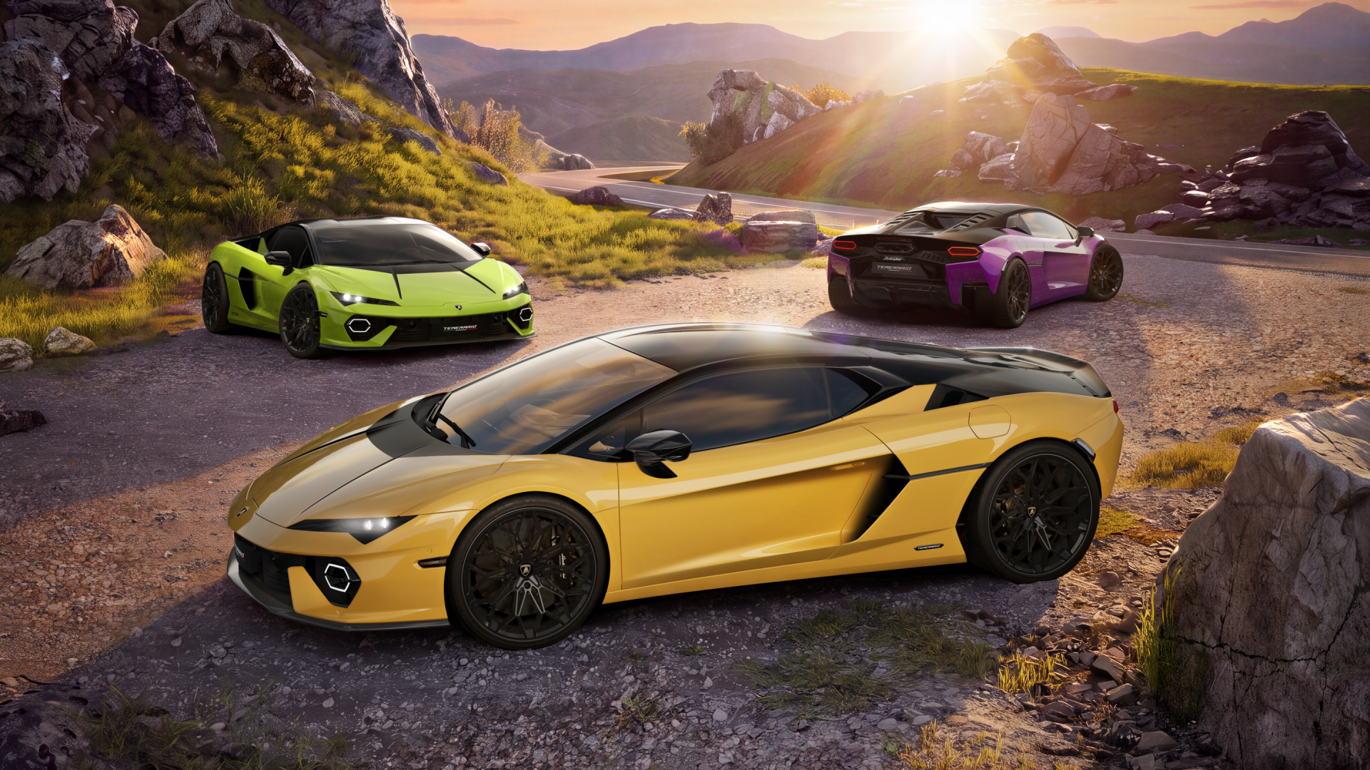 Lamborghini Temerario Tettonero in gold with two sports cars on a mountain road, 2K Quad HD PC desktop wallpaper and background.