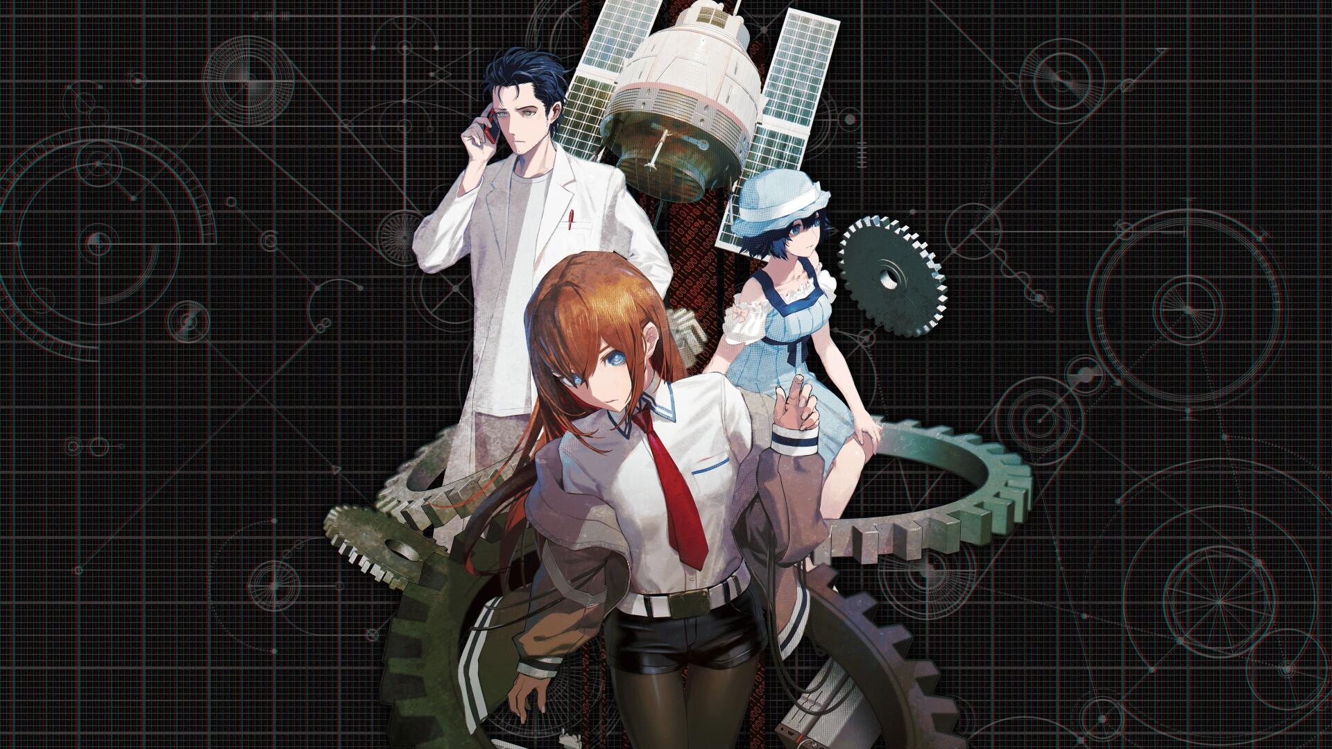 Steins;Gate 4K Ultra HD PC desktop wallpaper featuring Kurisu Makise, Rintaro Okabe, and Mayuri Shiina amid gears and scientific schematics.