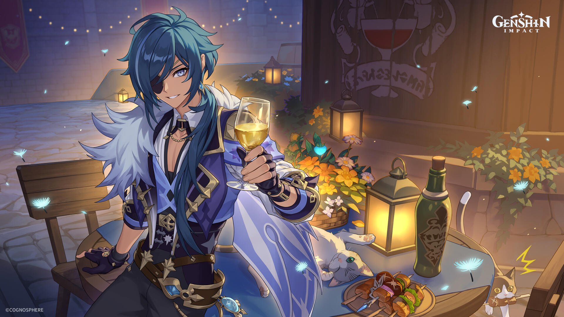 Kaeya from Genshin Impact raises a glowing drink amid warm lantern light in this 2K Quad HD PC desktop wallpaper.