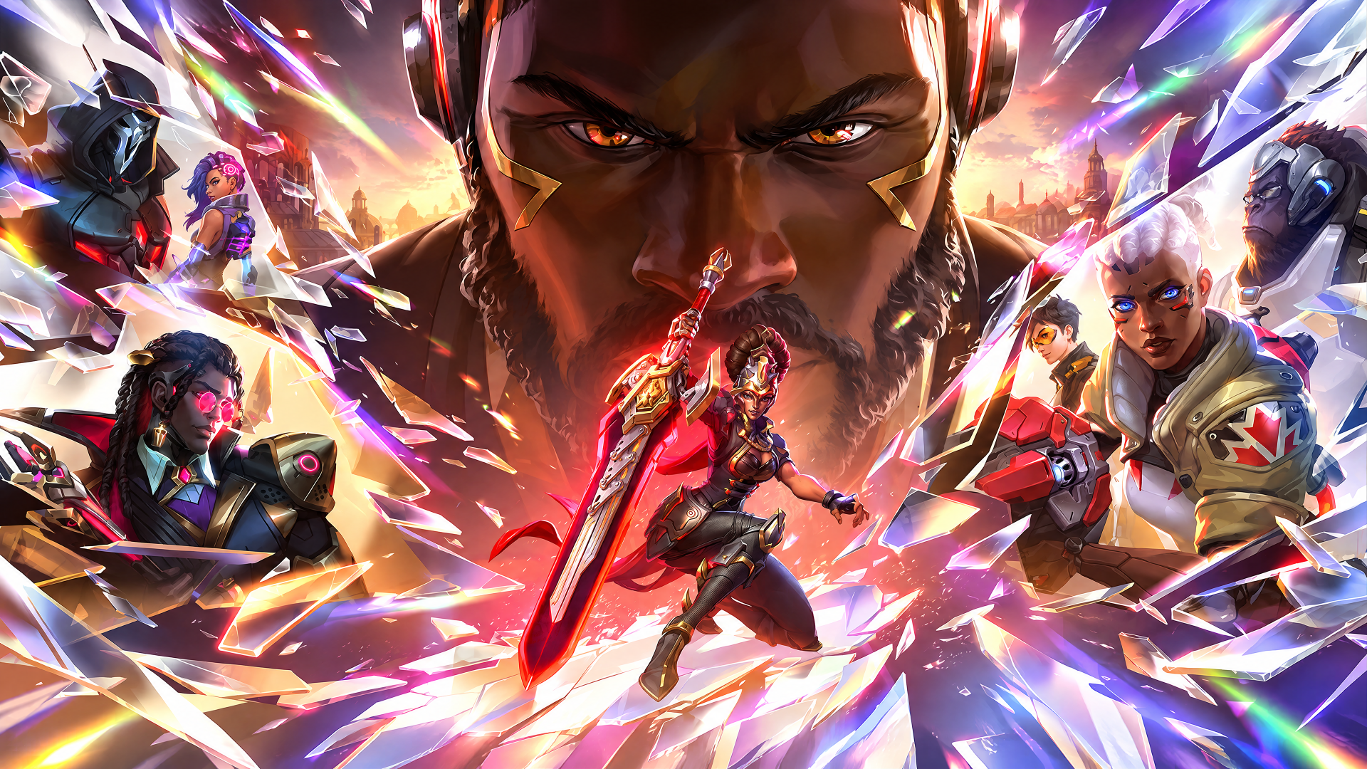 Doomfist and Overwatch heroes clash in a vibrant fighting game battle, featured in a 4K Ultra HD PC desktop wallpaper.