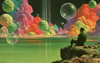 Artistic surreal 2K Quad HD PC desktop wallpaper/background: a lone man sits on a cliff, gazing at a neon-hued landscape of colorful clouds, floating planets and glassy spheres.