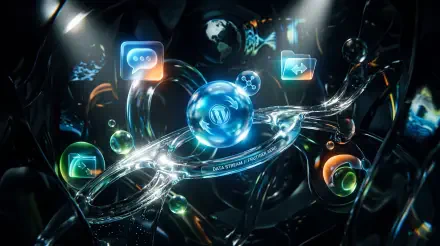 Frutiger Aero 5K Ultra HD PC desktop wallpaper: glossy blue orb with a 'W' at center, translucent flowing rings and glowing app-like icons set on a dark, metallic abstract background.