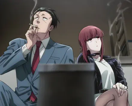 5K Ultra HD anime wallpaper of Sasaki and Yamada (Smoking Behind the Supermarket with You): a suited man smokes beside a red‑haired woman in a dim stairwell background.