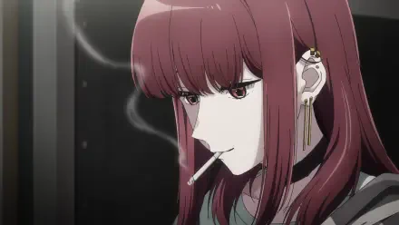 Anime HD desktop wallpaper: Yamada from Smoking Behind the Supermarket with You, side profile smoking with crimson hair, ear cuff, and a smoky urban night background.