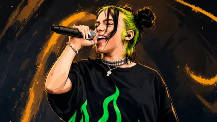 4K Ultra HD PC desktop wallpaper of a female singer with neon-green streaked hair, wearing a black tee and choker, singing into a microphone against a dark, painterly backdrop.