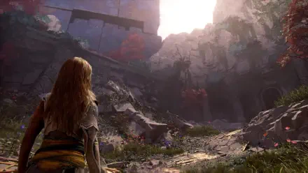 4K Ultra HD PC desktop wallpaper from the video game God of War: Laufey seen from behind in a sunlit rocky canyon amid ruins and autumn foliage.