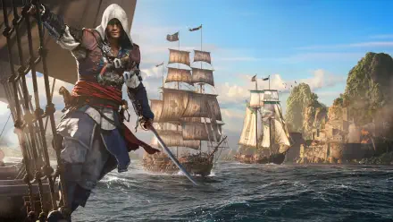 Assassin's Creed Black Flag Resynced 8K Ultra HD PC wallpaper: hooded pirate-assassin on a ship's bow, sword drawn, as tall-masted ships sail past sunlit tropical cliffs under a bright sky.