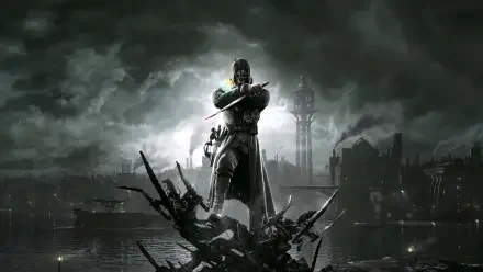 Dishonored 8K Ultra HD PC desktop wallpaper/background: masked assassin stands on wreckage, blade raised, overlooking a foggy industrial city with a green, otherworldly glow.