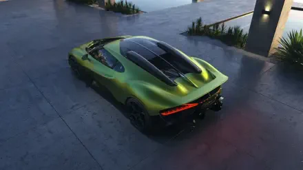 Green Bugatti Brouillard sports car parked on a modern concrete driveway at dusk — 5K Ultra HD PC desktop wallpaper/background highlighting the vehicle's sculpted rear and glossy finish.
