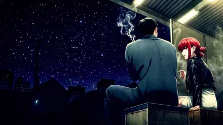 5K Ultra HD PC desktop anime wallpaper: Yamada and Sasaki from Smoking Behind the Supermarket with You sit behind a supermarket, smoking beneath a starry night sky.