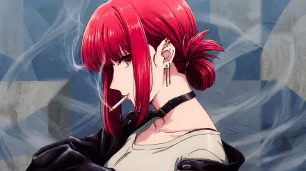 5K UHD desktop wallpaper: Smoking Behind the Supermarket with You (Yamada) — red‑haired anime girl in alternative fashion, choker and leather jacket, cigarette smoke curling behind her.