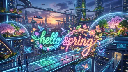 Futuristic sunset cityscape with cherry-blossom domes and neon hello spring sign, flying cars and glass walkways — 5K Ultra HD PC desktop wallpaper/background.