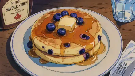 Blueberry pancake stack with melting butter and maple syrup on a plate, fork and glass on a wooden table — 4K Ultra HD PC desktop wallpaper and background.