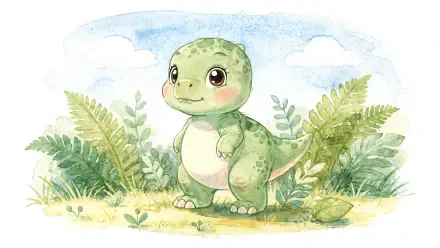 Watercolor baby dinosaur with big eyes standing among ferns and clouds, 4K Ultra HD PC desktop wallpaper/background.