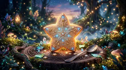 Star-shaped Sugar Cookie with glittering blue icing sits on a rustic wooden slab amid glowing mushrooms and fairy lights in a whimsical forest — 5K Ultra HD PC Desktop Wallpaper and Background.