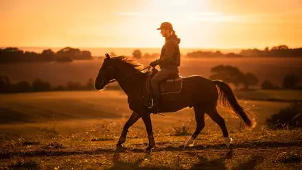 Silhouetted horseback rider trotting through golden fields at sunset — 4K Ultra HD PC desktop wallpaper and background evoking wide open countryside.
