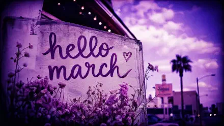 4K Ultra HD desktop wallpaper — purple-tinted scene with a handwritten hello march sign among flowers, a palm tree and distant buildings under a cloudy sky.