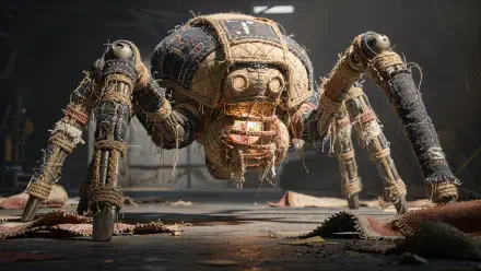 4K Ultra HD PC desktop wallpaper/background: a weathered spider mech with glowing eyes prowls a dim, debris-strewn industrial hangar.