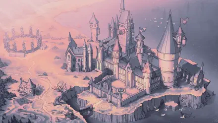 Digital art digital painting illustration artwork landscape: HD PC desktop wallpaper of a pastel sunset castle with turrets perched on a rocky cliff above a calm sea and distant ruins.