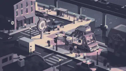 Digital Art digital painting illustration artwork landscape — HD PC desktop wallpaper: stylized isometric city plaza with a food truck on an elevated walkway, pedestrians and soft dusk lighting.