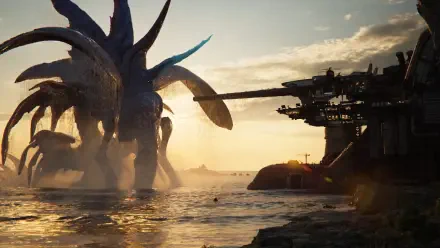 Final Fantasy VII Revelation video game 4K Ultra HD PC desktop wallpaper: a towering sea creature looms over a coastal industrial platform at sunset, cinematic dramatic landscape.