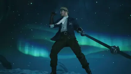 4K Ultra HD PC desktop wallpaper: Final Fantasy VII Revelation scene — armed character stands on snowy ridge under aurora-lit night sky. Video game background.