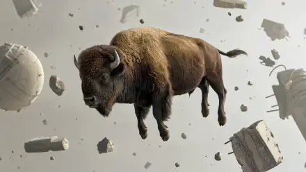 4K Ultra HD PC desktop wallpaper/background: a solitary buffalo floating amid drifting debris and shattered concrete pieces against a muted gray sky.