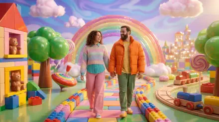 5K Ultra HD PC desktop wallpaper and background: a parent couple holding hands, strolling through a colorful candyland with a rainbow arch, clouds and oversized toys.