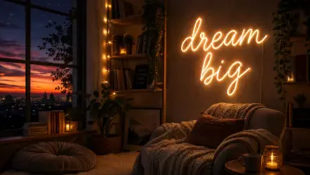 4K Ultra HD PC desktop wallpaper of a cozy sunset-lit room with neon dream big sign, fairy lights, plants, cushioned chair and candle, framed bookshelf and city view through the window.